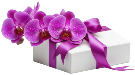 White gift box with purple ribbon and orchids