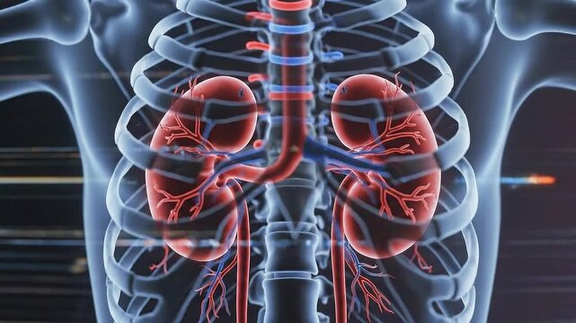 Anatomical X-Ray View of Ribcage with Red Kidneys and Blue Arteries for Medical Illustration or Educational