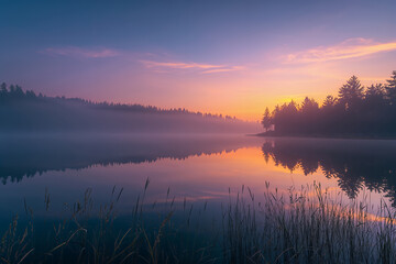 Fototapeta premium Peaceful sunrise over a calm lake and river with soft clouds, trees, and gentle reflections in the morning sky