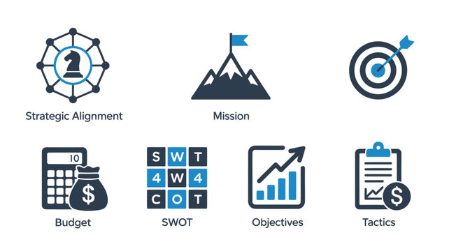 Business strategy icons in modern minimalist style with dark blue color scheme on white background for infographic template