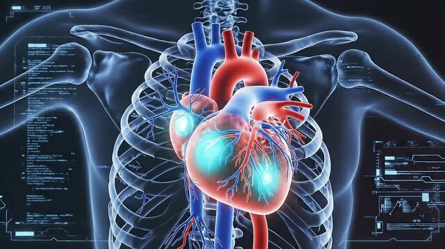 Animated Beating Heart on X-Ray Chest Background Blue and Red Heart Organ with Coronary Circulation in Motion