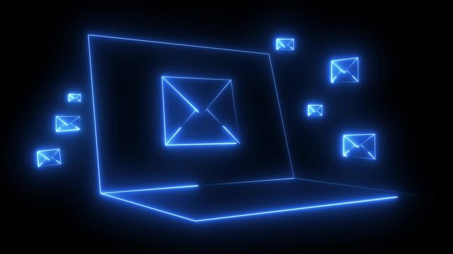 neon message icon animation with black background. message icon concept. Glowing email icon on a laptop screen. Message mail box.4k motion video animation.