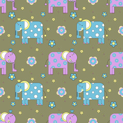 Seamless cute elephant pattern with playful cartoon style and pastel colors. Repeating illustration featuring decorative elephants and floral elements on a soft background. Ideal for kids fabric