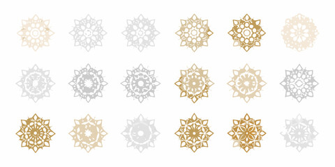 Collection of ornate circular snowflake designs in shades of gold and gray