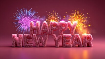 Happy New Year celebration with sparkling pink letters and vibrant fireworks