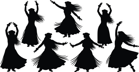 Traditional Hawaiian hula and Spanish flamenco dancer silhouette set, tropical island girl and latin performer poses, exotic cultural dance vector illustration on white © MstSahanaj