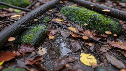 Obraz premium Enchanted forest floor scene showcasing a delicate dew-covered spiderweb, tiny fungi, and vibrant