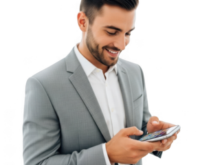 Happy Young Businessman in Gray Suit Smiling While Engaged with His Smartphone on a White Background.