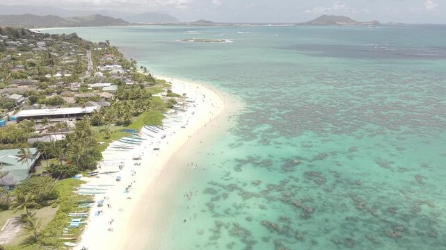 Aerial View of Lanikai Beach on Oahu Island, Hawaii USA, Drone Shot