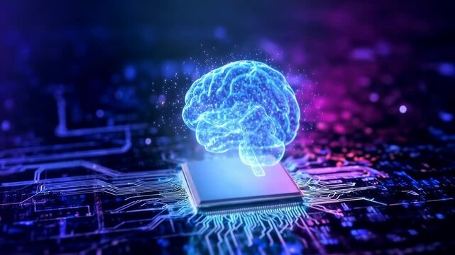 Neon hologram brain hovers above microchip circuit board representing artificial intelligence machine learning and advanced computing technology