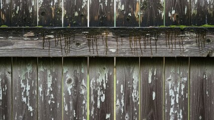 Weathered wooden fence with peeling paint and moss creating a rustic texture pattern background