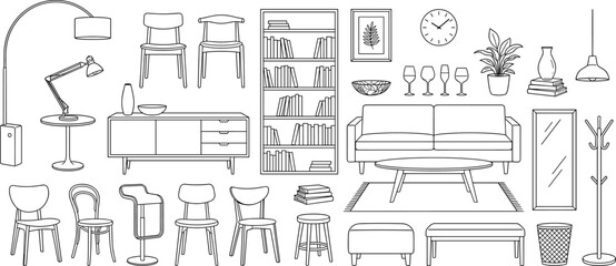 Modern furniture outline illustration, living room interior elements set, sofa chair table lamp bookshelf decor icons, minimal line art design collection