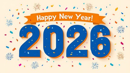 Happy New Year 2026 celebration with colorful confetti and fireworks