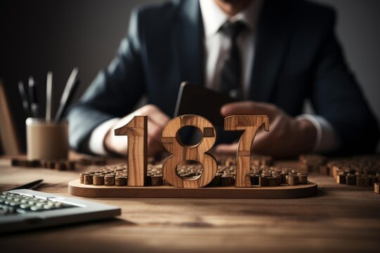 Businessman calculating finances using wooden numbers 187 on a rustic office desk