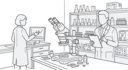 Scientists conducting laboratory research with microscope equipment, medical analysis teamwork, biotechnology experiment workflow, clinical science illustration, modern research lab environment, 