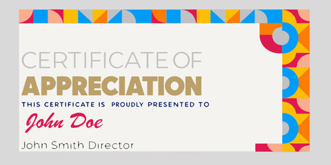 Colorful certificate of appreciation design with name and director details