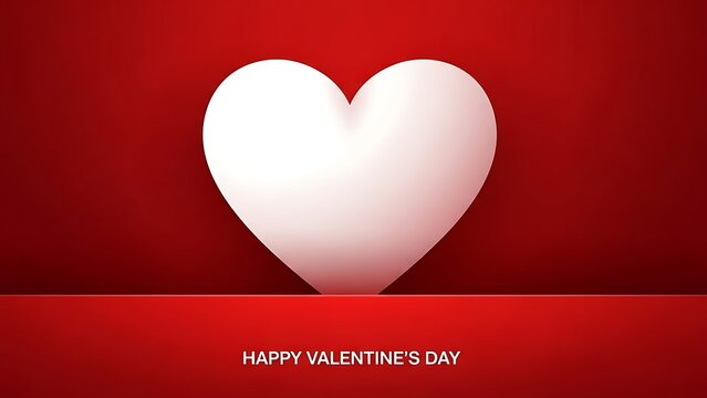 Minimalist Valentine's Day greeting card with a large white 3D heart standing on a red platform against a dark red background.