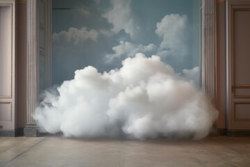 Surreal image of white fluffy clouds filling an elegant room with sky wallpaper, creating a dreamy and ethereal atmosphere