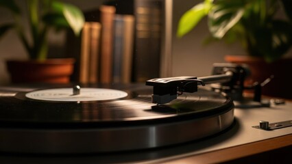 Atmospheric Close-Up of Vintage Turntable Playing Vinyl Record with Soft Lighting