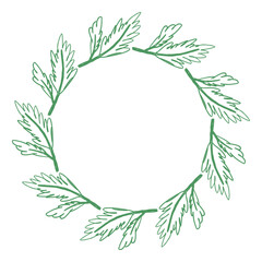 Fototapeta premium Round border decoration design element, invitation template, minimalist Christmas wreath on transparent background. Hand-drawn by crayon pine branches arranged in a circular frame. Vector illustration