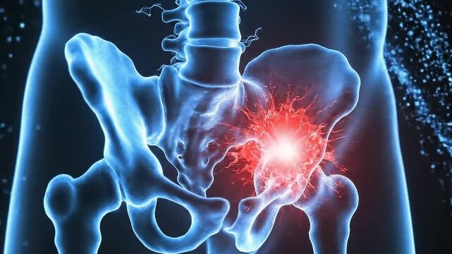 Animated Hip Bone Structure with Inflammation Effect in Blue Hue Background Animation for Medical Educational Purposes