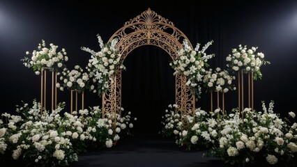 Luxury Wedding Studio Background with Ornate Gold Arch and White Floral Arrangements on Black Backdrop