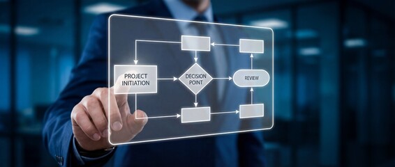 Businessman using futuristic touchscreen interface with project flowchart diagram
