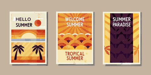 Retro summer themed banners with palm trees and colorful sunset illustrations © Anik