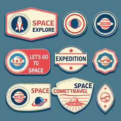 Vintage space exploration badges with planets rockets and cosmic designs © Anik