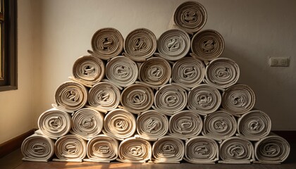 Stacked Rolls of Beige Fabric and Textiles in Storage Warehouse or Shop