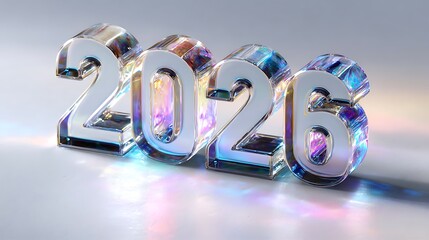 Shining 2026 metallic numbers with colorful reflections on surface