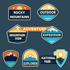 Obraz premium Collection of colorful outdoor adventure badges with mountain and sun imagery