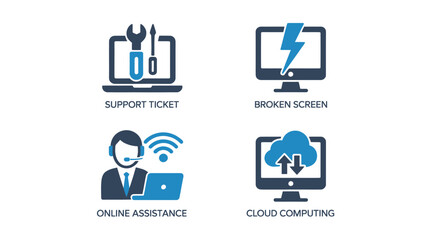 Computer Icons with Technical Issues and Support in Simple Flat Design with Blue Color Scheme for IT Services