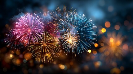 Vibrant fireworks exploding in colorful night sky with bokeh lights