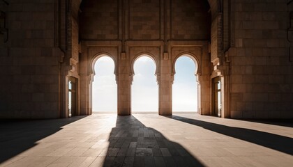 Dramatic Sunlight and Shadows Through Three Islamic Arches of a Grand Mosque Interior