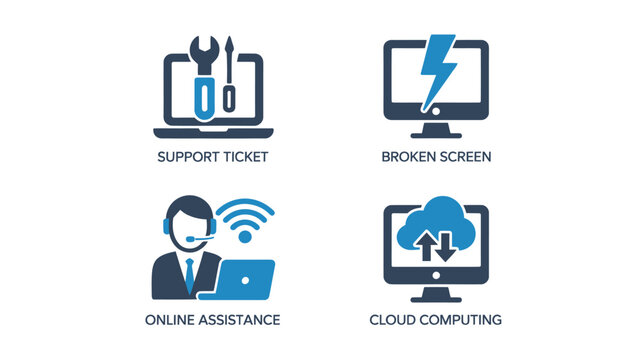 Computer Icons with Technical Issues and Support in Simple Flat Design with Blue Color Scheme for IT Services - Powered by Adobe