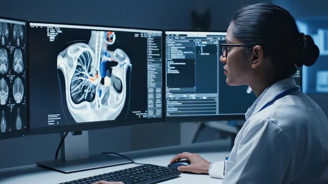 Female Doctor or Scientist Analyzing Medical MRI Scans on Multiple Computer Monitors