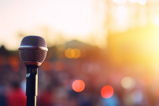 Microphone stands on stage during an outdoor event at sunset with bokeh lights