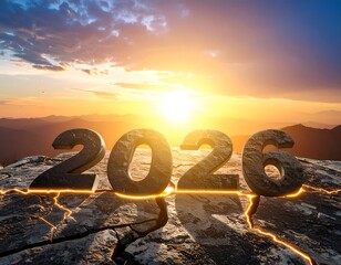 Bold 2026 numerals on cracked rock at sunset over mountains