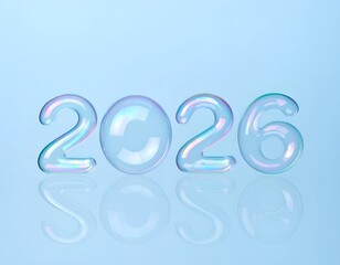 Obraz premium Transparent, iridescent numbers 2026 reflect on a blue surface