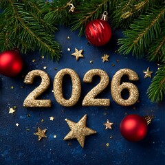 Glittering gold 2026 numbers surrounded by festive Christmas decorations