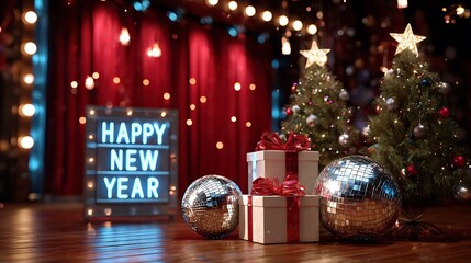 Festive New Year's scene with gifts and disco balls