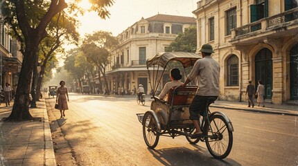 Vintage street scene with cyclist riding traditional tricycle