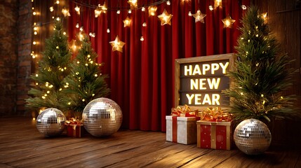 Festive New Year's Eve celebration with decorations and gifts