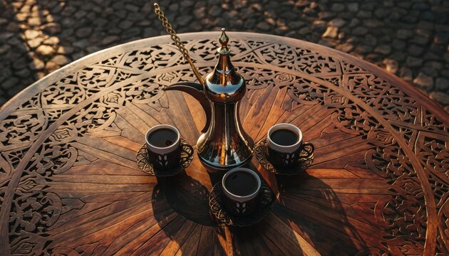 Traditional Arabic Dallah and Coffee Cups on a Carved Wooden Table with Warm Sunset Light