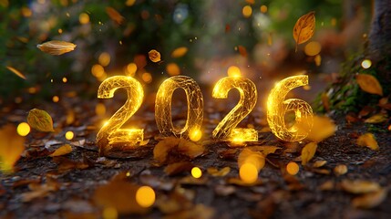 Golden 2026 year sign surrounded by falling autumn leaves