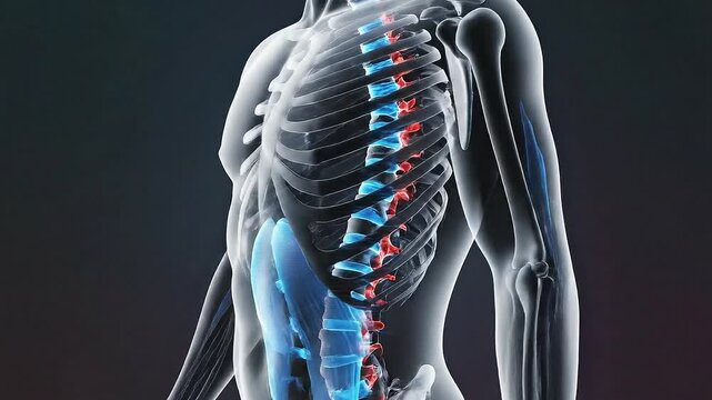Animated Human Skeleton Torso Anatomy with Red and Blue Color Code Showing Spine with Transparent and Black Background