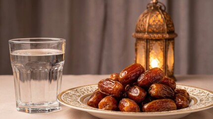 Fresh dates and water ready for Iftar illuminated by a decorative Ramadan lantern (Fanus) on a traditional setting.