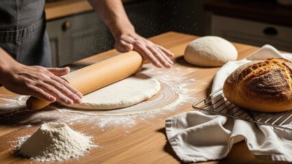 Woman rolling out dough on floured surface with freshly baked bread and kitchen utensils around