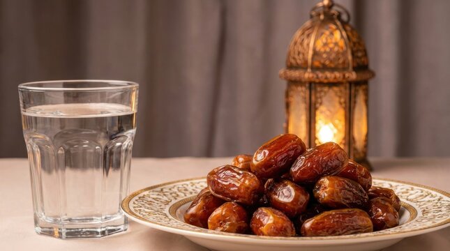 Fresh dates and water ready for Iftar illuminated by a decorative Ramadan lantern (Fanus) on a traditional setting.